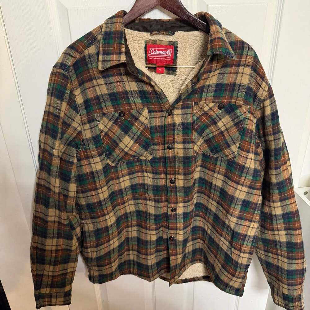 Coleman Plaid Sherpa Lined Shirt Jacket Size XL Green Brown Flannel Outdoor